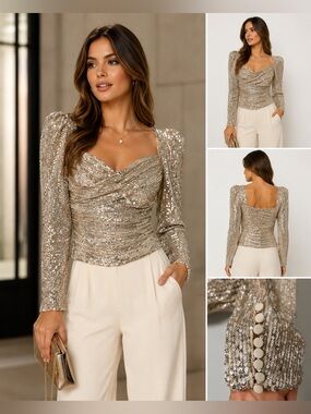 Self-Portrait Champagne Gold Sequin Ruched Crop Top Blouse Party Cocktail Glam